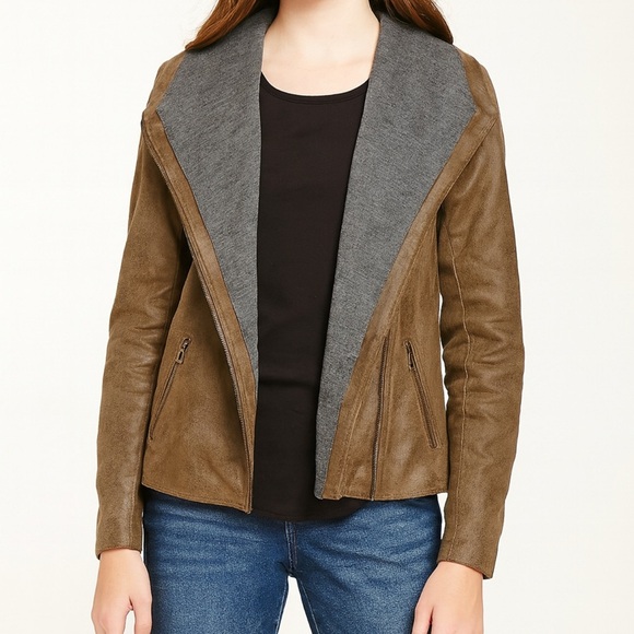Astars Brown Gray Faux Leather Moto Jacket Size XS - Picture 1 of 12